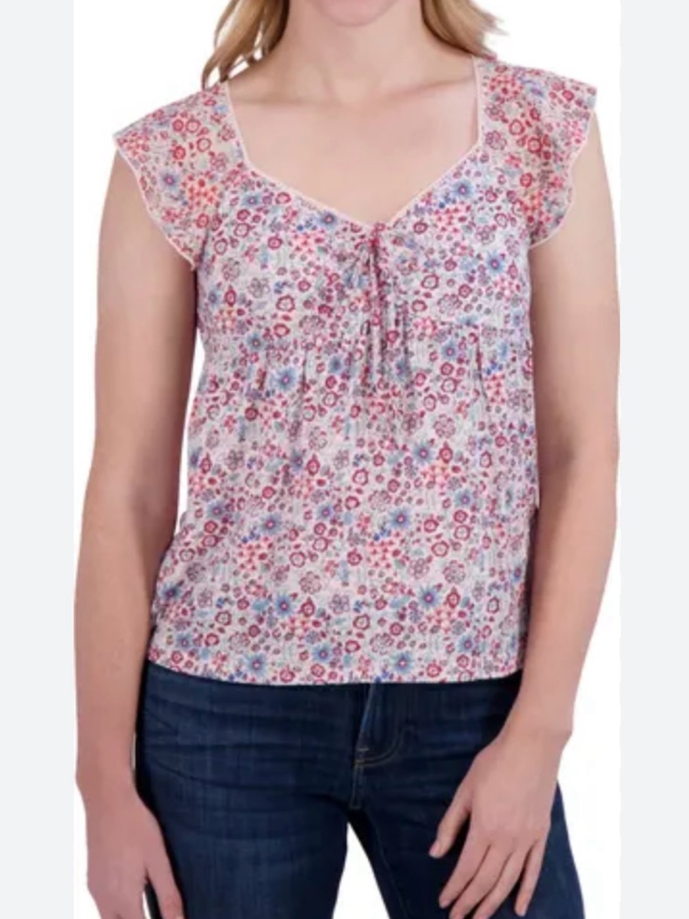 Lucky Brand Y2K Inspired Floral Sweetheart Neckline Flutter Sleeved Babydoll Top